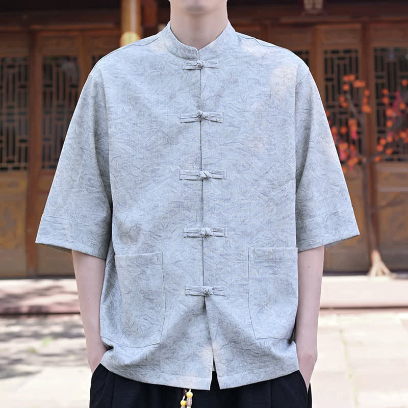 Buddha Stones Chemise d'été pour homme, col mandarin, boutons brandebourg, manches courtes, couleur unie, avec poche - image 3