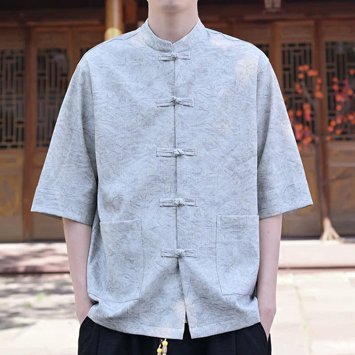 Buddha Stones Chemise d'été pour homme, col mandarin, boutons brandebourg, manches courtes, couleur unie, avec poche - image 3