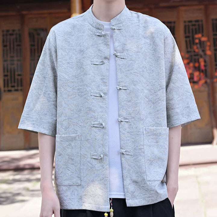 Buddha Stones Chemise d'été pour homme, col mandarin, boutons brandebourg, manches courtes, couleur unie, avec poche - image 6