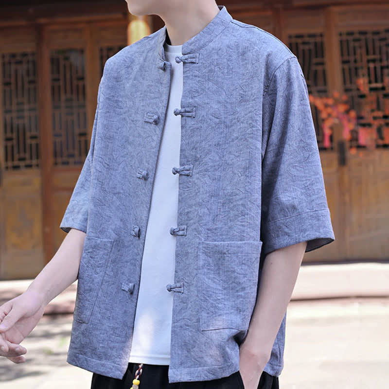 Buddha Stones Chemise d'été pour homme, col mandarin, boutons brandebourg, manches courtes, couleur unie, avec poche - image 18