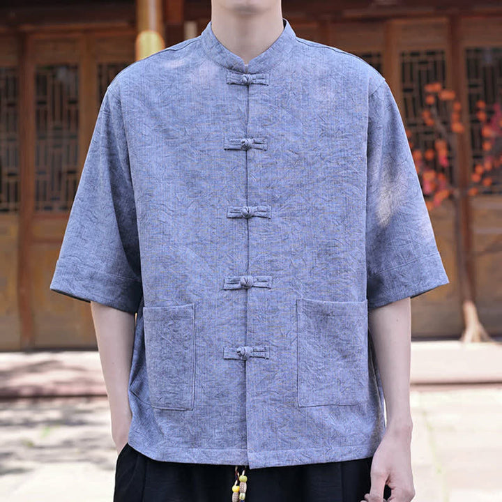 Buddha Stones Chemise d'été pour homme, col mandarin, boutons brandebourg, manches courtes, couleur unie, avec poche - image 20