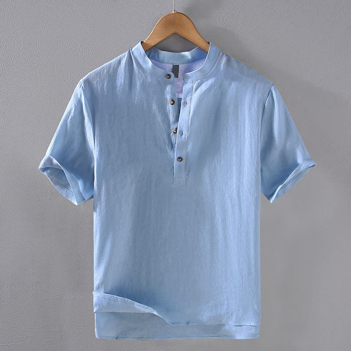 Buddha Stones Chemises d'été décontractées à col mandarin en lin uni pour hommes, manches courtes, style Tang. - Bleu poudré - US/UK/AU42，EU52 (3XL) - image 0