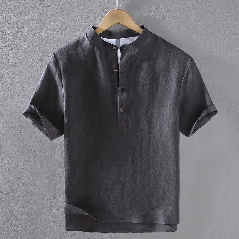 Buddha Stones Chemises d'été décontractées à col mandarin en lin uni pour hommes, manches courtes, style Tang. - Gris ardoise foncé - US/UK/AU42，EU52 (3XL) - image 12