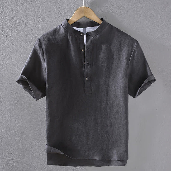 Buddha Stones Chemises d'été décontractées à col mandarin en lin uni pour hommes, manches courtes, style Tang. - Gris ardoise foncé - US/UK/AU42，EU52 (3XL) - image 12