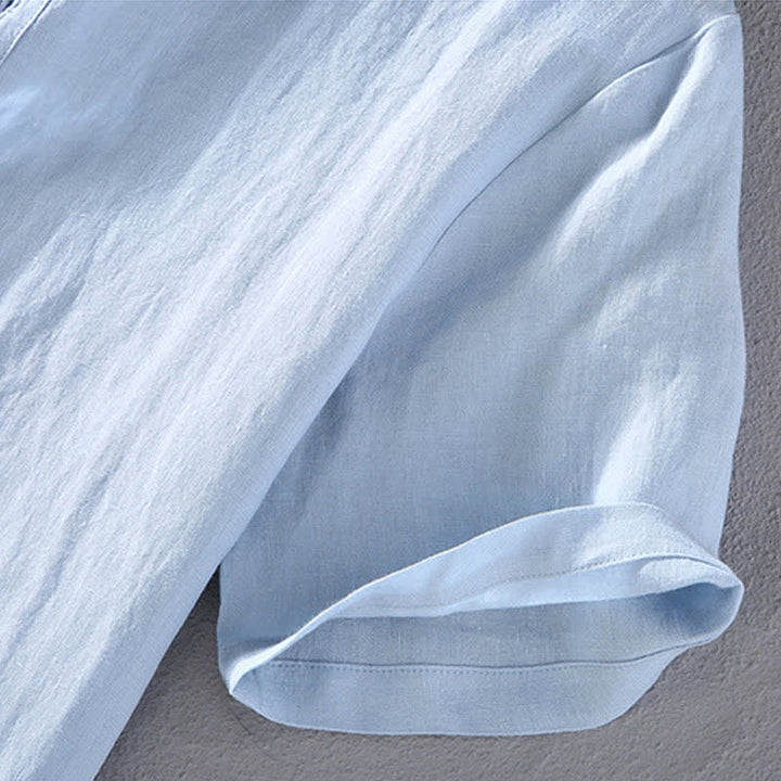 Buddha Stones Chemises d'été décontractées à col mandarin en lin uni pour hommes, manches courtes, style Tang. - image 6