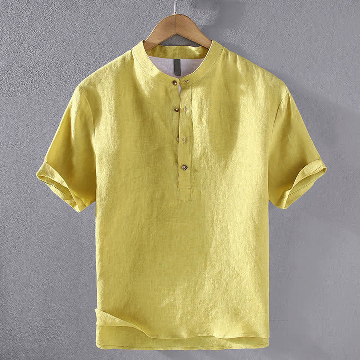 Buddha Stones Chemises d'été décontractées à col mandarin en lin uni pour hommes, manches courtes, style Tang. - Jaune - US/UK/AU42，EU52 (3XL) - image 13