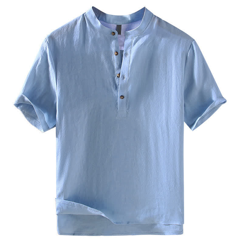 Buddha Stones Chemises d'été décontractées à col mandarin en lin uni pour hommes, manches courtes, style Tang. - image 1