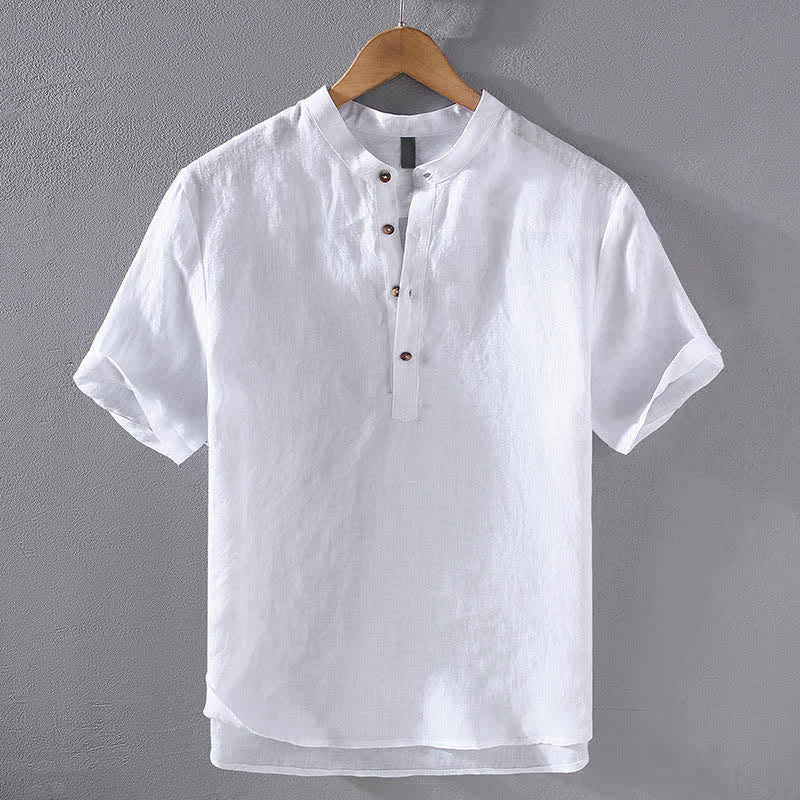 Buddha Stones Chemises d'été décontractées à col mandarin en lin uni pour hommes, manches courtes, style Tang. - Blanc - US/UK/AU42，EU52 (3XL) - image 14