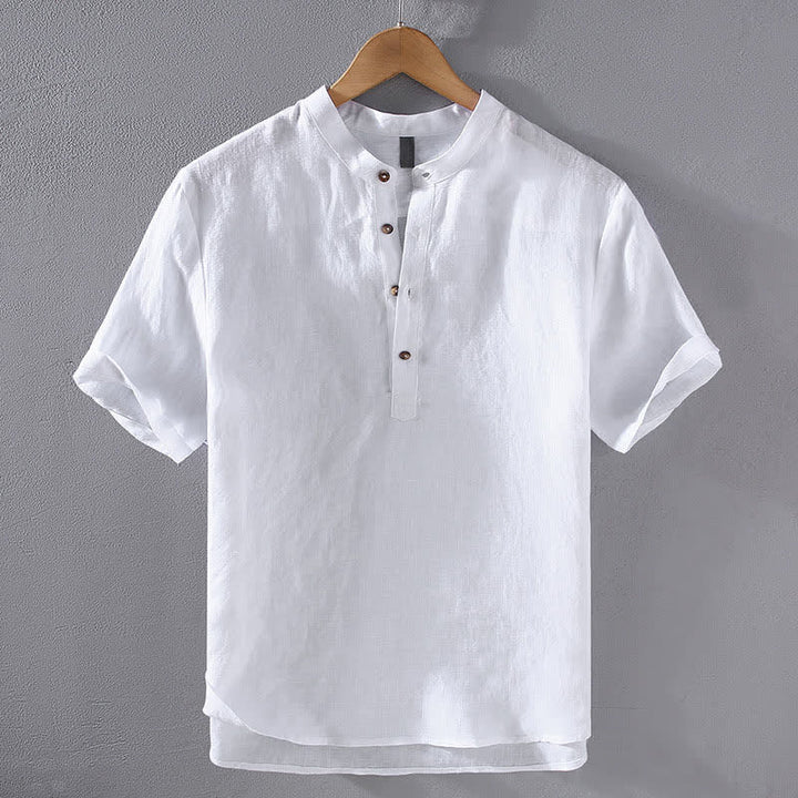 Buddha Stones Chemises d'été décontractées à col mandarin en lin uni pour hommes, manches courtes, style Tang. - Blanc - US/UK/AU42，EU52 (3XL) - image 14