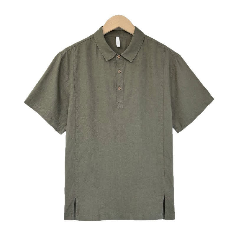 Buddha Stones Chemises d'été décontractées à manches courtes en lin uni avec fente latérale pour hommes - Vert olive foncé - US/UK/AU44，EU54 (4XL) - image 8