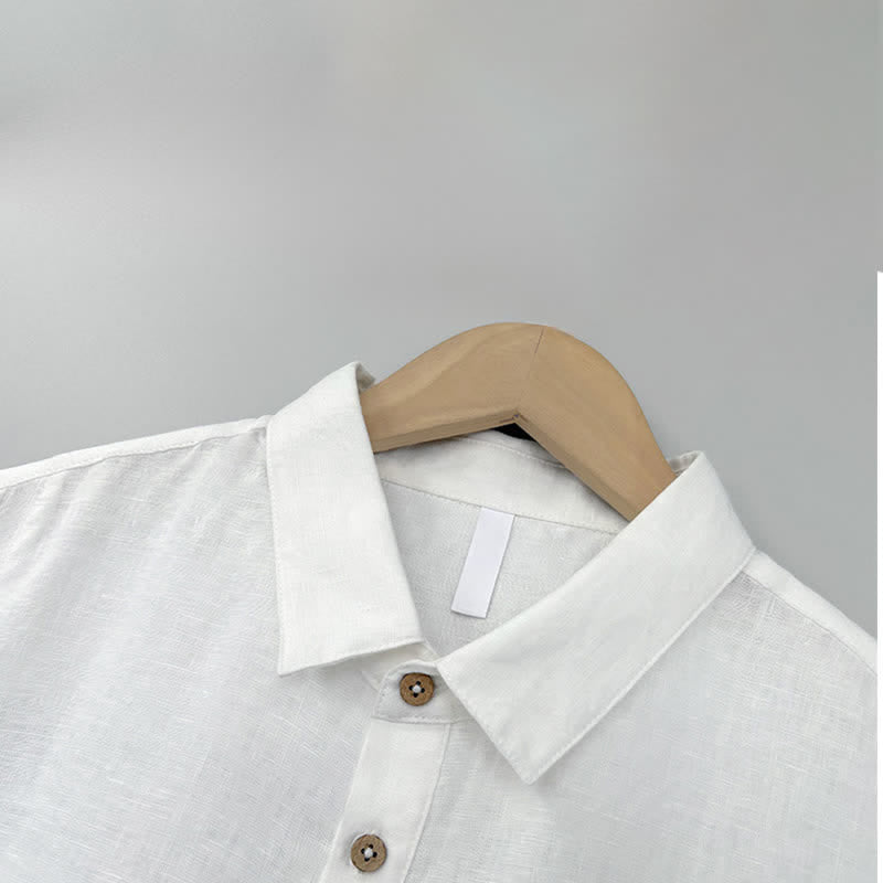Buddha Stones Chemises d'été décontractées à manches courtes en lin uni avec fente latérale pour hommes - image 1