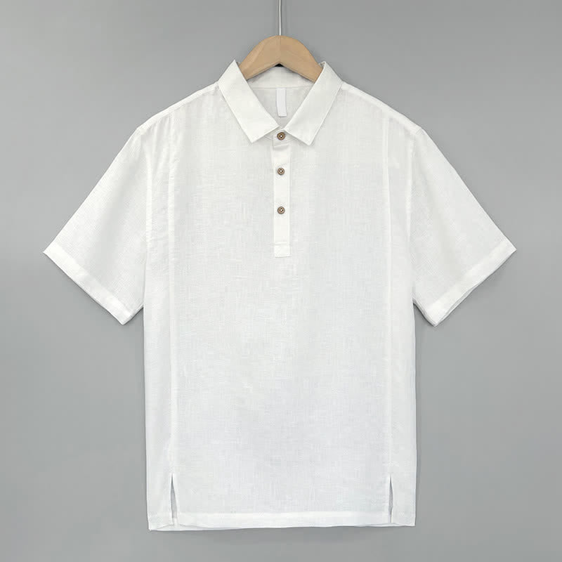 Buddha Stones Chemises d'été décontractées à manches courtes en lin uni avec fente latérale pour hommes - Blanc - US/UK/AU44，EU54 (4XL) - image 0