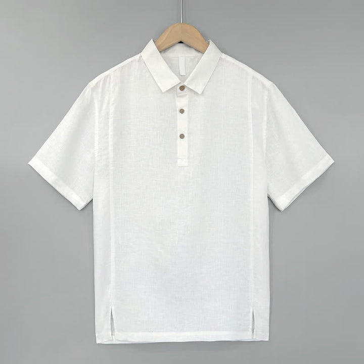 Buddha Stones Chemises d'été décontractées à manches courtes en lin uni avec fente latérale pour hommes - Blanc - US/UK/AU44，EU54 (4XL) - image 0