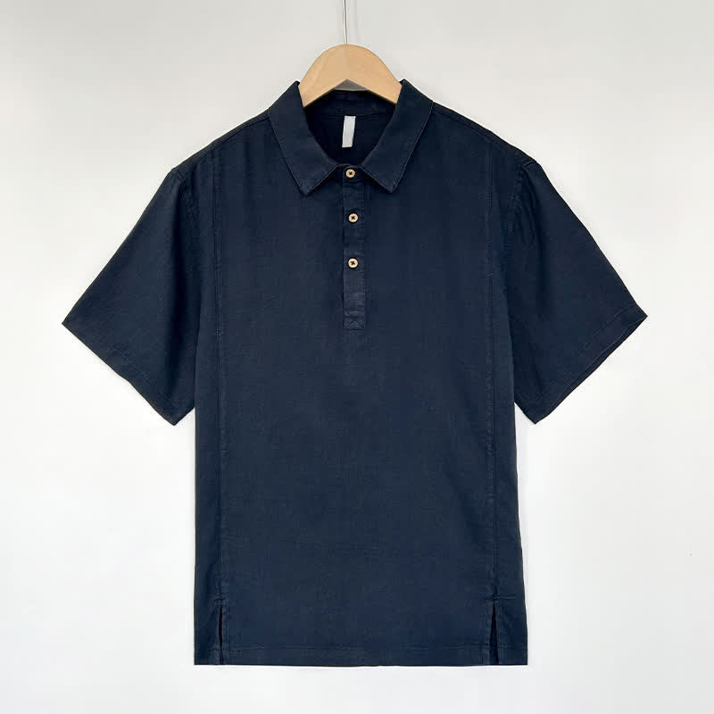 Buddha Stones Chemises d'été décontractées à manches courtes en lin uni avec fente latérale pour hommes - Marine - US/UK/AU44，EU54 (4XL) - image 9