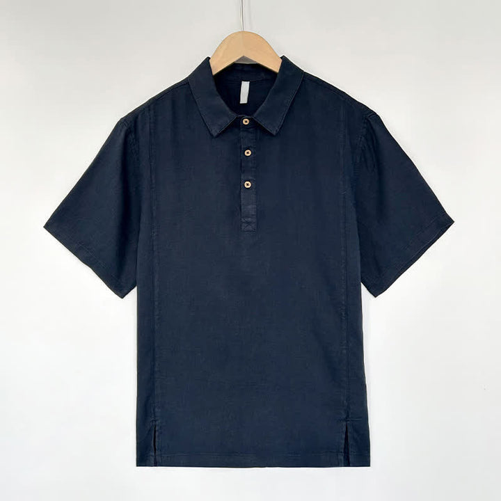 Buddha Stones Chemises d'été décontractées à manches courtes en lin uni avec fente latérale pour hommes - Marine - US/UK/AU44，EU54 (4XL) - image 9