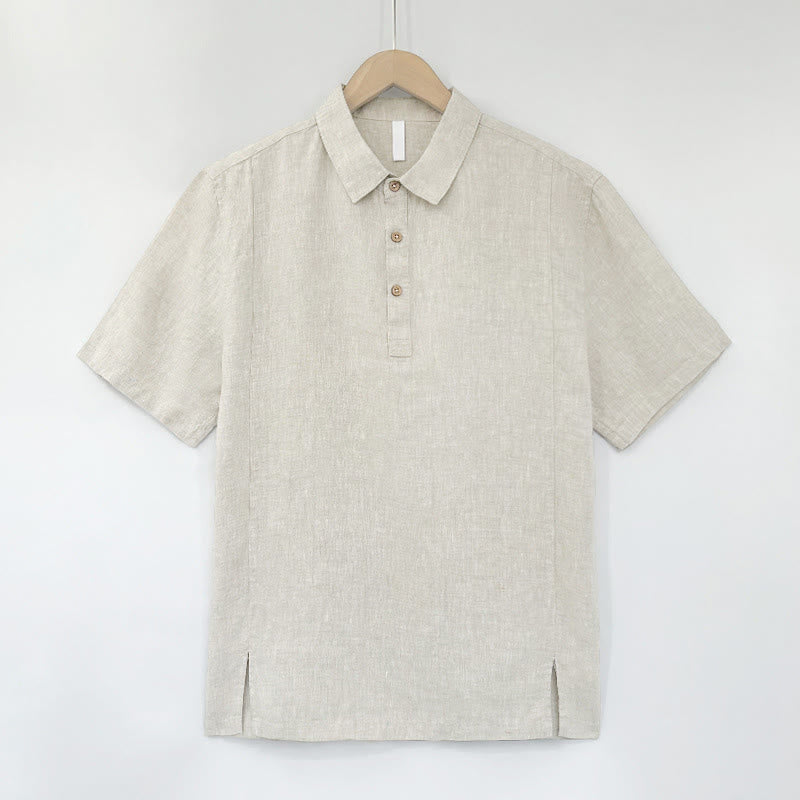 Buddha Stones Chemises d'été décontractées à manches courtes en lin uni avec fente latérale pour hommes - Beige - US/UK/AU44，EU54 (4XL) - image 11