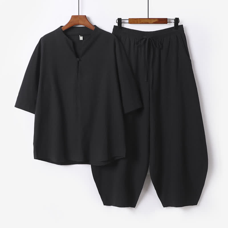 Buddha Stones Ensemble 2 pièces printemps-été décontracté style Tang : chemise unie à cordon de serrage, pantalon court, tenue de méditation pour homme avec poche - Noir - US/UK/AU54，EU64 (9XL) - image 3