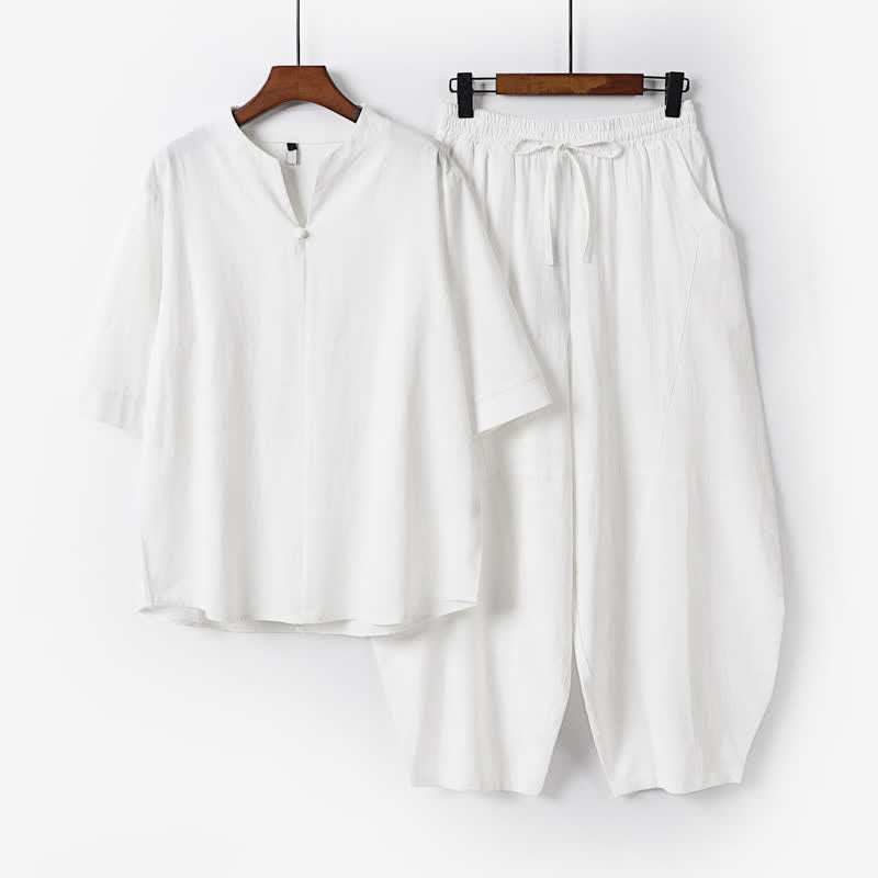 Buddha Stones Ensemble 2 pièces printemps-été décontracté style Tang : chemise unie à cordon de serrage, pantalon court, tenue de méditation pour homme avec poche - Blanc - US/UK/AU54，EU64 (9XL) - image 15