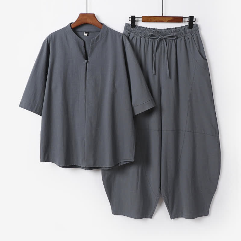 Buddha Stones Ensemble 2 pièces printemps-été décontracté style Tang : chemise unie à cordon de serrage, pantalon court, tenue de méditation pour homme avec poche - Gris ardoise - US/UK/AU54，EU64 (9XL) - image 0