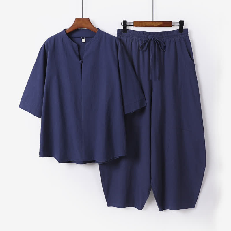 Buddha Stones Ensemble 2 pièces printemps-été décontracté style Tang : chemise unie à cordon de serrage, pantalon court, tenue de méditation pour homme avec poche - Bleu nuit - US/UK/AU54，EU64 (9XL) - image 6