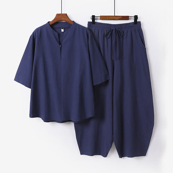 Buddha Stones Ensemble 2 pièces printemps-été décontracté style Tang : chemise unie à cordon de serrage, pantalon court, tenue de méditation pour homme avec poche - Bleu nuit - US/UK/AU54，EU64 (9XL) - image 6
