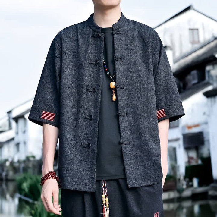 Buddha Stones Chemises d'été pour hommes à manches courtes, col mandarin et boutons brandebourg, style Tang. - image 11