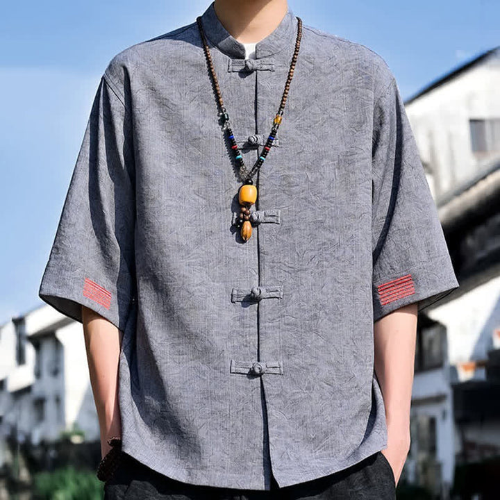 Buddha Stones Chemises d'été pour hommes à manches courtes, col mandarin et boutons brandebourg, style Tang. - Gris clair - US/UK/AU46，EU56 (5XL) - image 12
