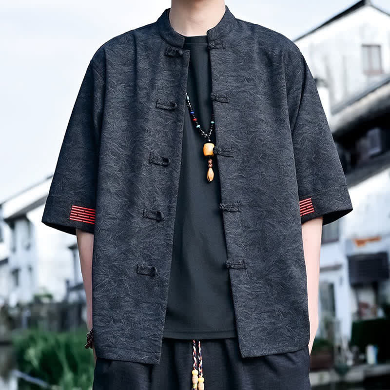 Buddha Stones Chemises d'été pour hommes à manches courtes, col mandarin et boutons brandebourg, style Tang. - Noir - US/UK/AU46，EU56 (5XL) - image 5