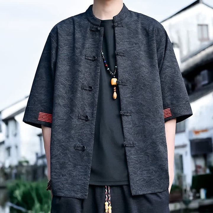 Buddha Stones Chemises d'été pour hommes à manches courtes, col mandarin et boutons brandebourg, style Tang. - Noir - US/UK/AU46，EU56 (5XL) - image 5