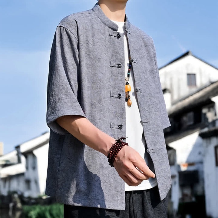 Buddha Stones Chemises d'été pour hommes à manches courtes, col mandarin et boutons brandebourg, style Tang. - image 15