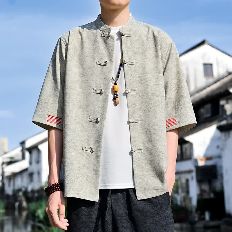 Buddha Stones Chemises d'été pour hommes à manches courtes, col mandarin et boutons brandebourg, style Tang. - Beige - US/UK/AU46，EU56 (5XL) - image 0