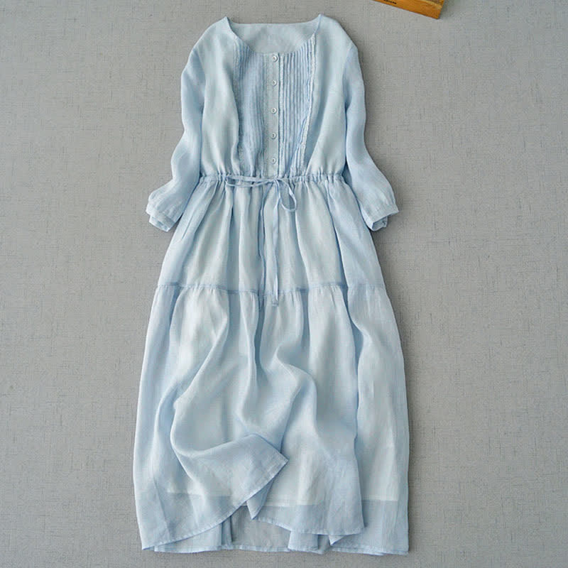 Buddha Stones Robe d'été vintage à manches courtes en coton uni, style vintage, avec cordon de serrage et boutons, ornée de plis piqués et poches. - Bleu clair - US12, UK/AU16, EU44 (2XL) - image 0