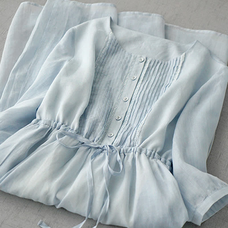 Buddha Stones Robe d'été vintage à manches courtes en coton uni, style vintage, avec cordon de serrage et boutons, ornée de plis piqués et poches. - image 1