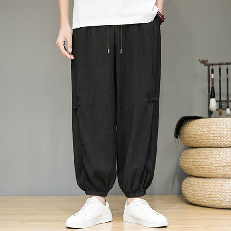 Buddha Stones Pantalon harem homme décontracté d'été minimaliste à cordon de serrage uni court avec poches - image 1