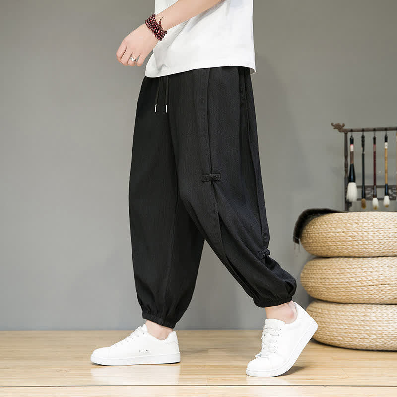 Buddha Stones Pantalon harem homme décontracté d'été minimaliste à cordon de serrage uni court avec poches - Noir - US/UK/AU46, EU56 (5XL) - image 0