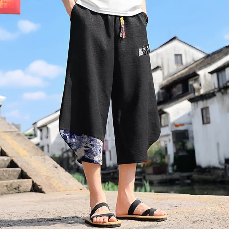 Buddha Stones Pantalon Capri fleuri vintage décontracté d'été à cordon de serrage, style harem pour homme avec poches - image 1