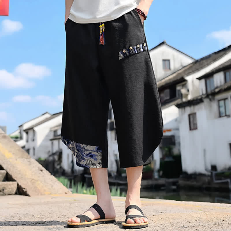 Buddha Stones Pantalon Capri fleuri vintage décontracté d'été à cordon de serrage, style harem pour homme avec poches - Noir - US/UK/AU46, EU56 (5XL) - image 0