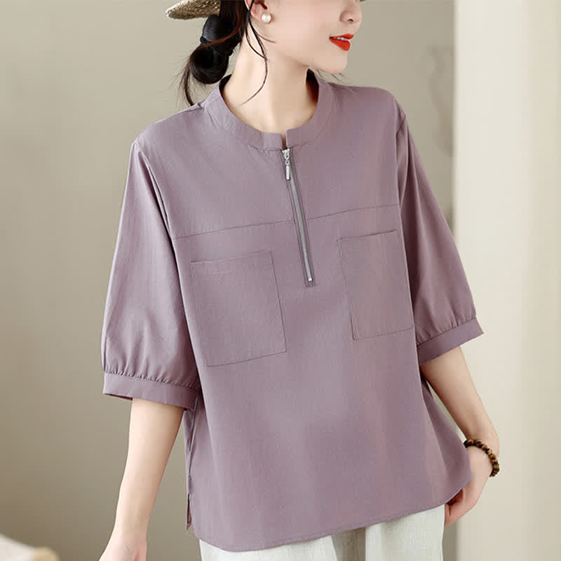 Buddha Stones Chemises d'été minimalistes et décontractées à manches courtes pour femmes, avec fermeture éclair au quart et poche plaquée. - Chardon - US12, UK/AU16, EU44 (2XL) - image 11