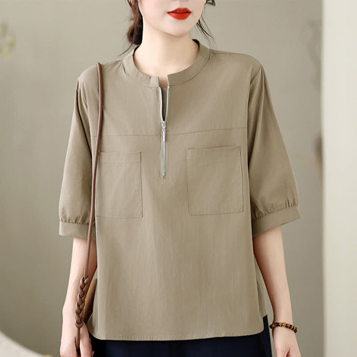 Buddha Stones Chemises d'été minimalistes et décontractées à manches courtes pour femmes, avec fermeture éclair au quart et poche plaquée. - Tanné - US12, UK/AU16, EU44 (2XL) - image 0