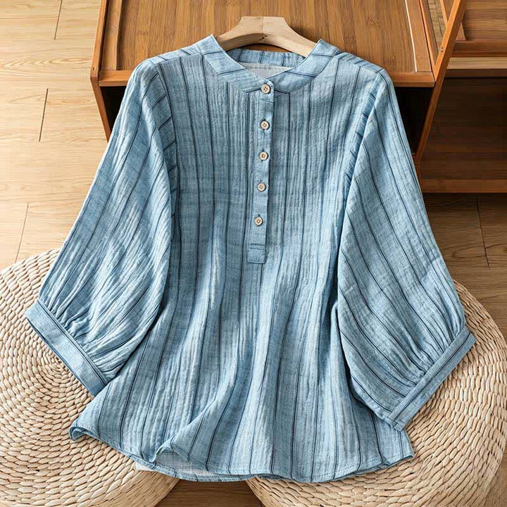 Buddha Stones Chemises rayées minimalistes décontractées à manches courtes pour femmes, à boutons, style été - Bleu acier clair - US8-10, UK/AU12-14, EU40-42 (2XL) - image 9