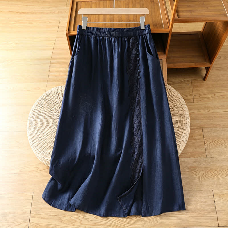 Buddha Stones Jupes d'été décontractées vintage à fente latérale, unies à fleurs et poches pour femmes - Bleu nuit - US8-10, UK/AU12-14, EU40-42 (2XL) - image 8