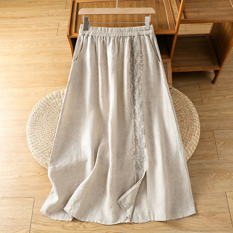 Buddha Stones Jupes d'été décontractées vintage à fente latérale, unies à fleurs et poches pour femmes - Beige - US8-10, UK/AU12-14, EU40-42 (2XL) - image 0