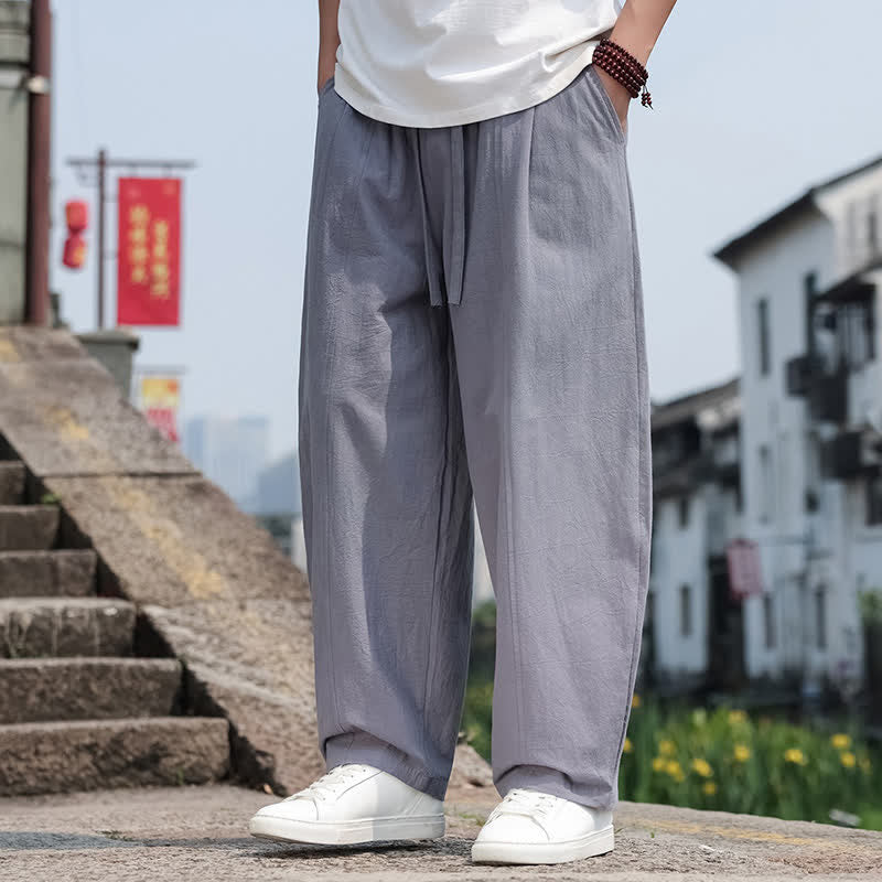Buddha Stones Pantalon harem minimaliste d'été décontracté en coton uni avec cordon de serrage et poches - image 1