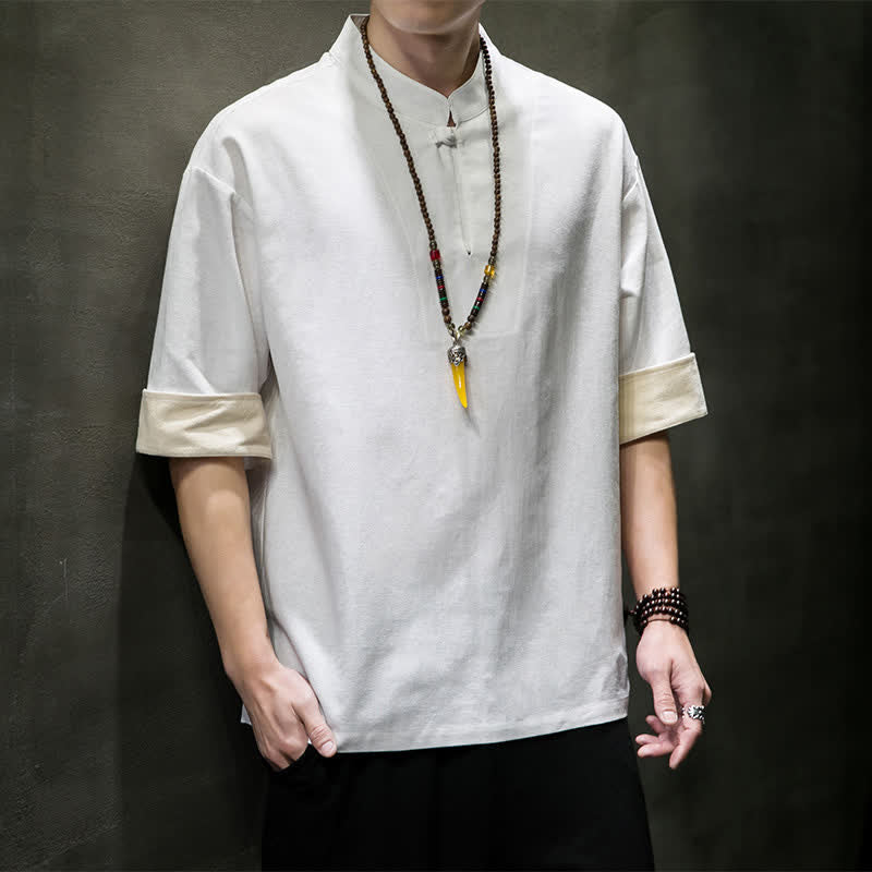 Buddha Stones Chemises d'été à manches courtes pour hommes, col mandarin, unies - Blanc - US/UK/AU46, EU56 (5XL) - image 14