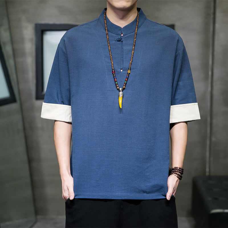 Buddha Stones Chemises d'été à manches courtes pour hommes, col mandarin, unies - SteelBlue - US/UK/AU46, EU56 (5XL) - image 0