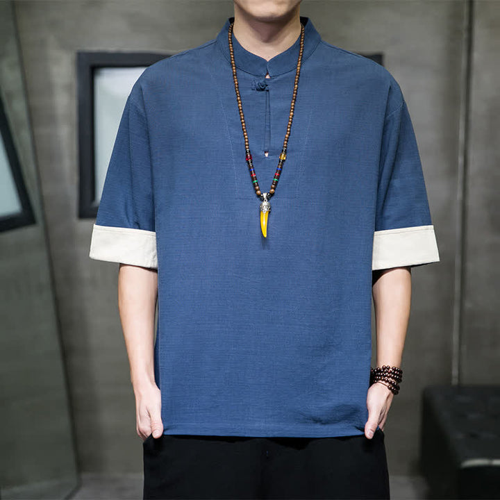 Buddha Stones Chemises d'été à manches courtes pour hommes, col mandarin, unies - SteelBlue - US/UK/AU46, EU56 (5XL) - image 0
