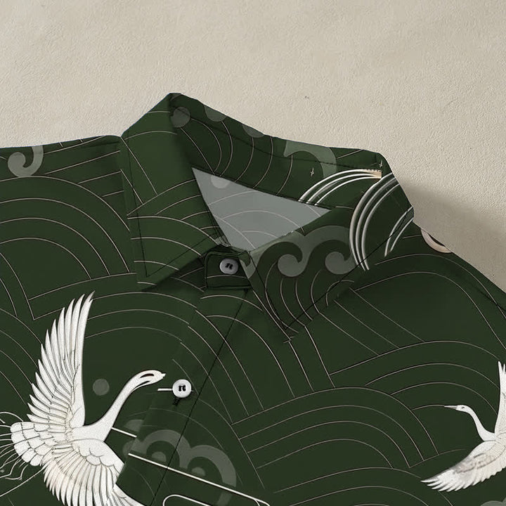 Buddha Stones Chemise à manches courtes respirante pour homme avec boutons et motif vagues et grues - image 7