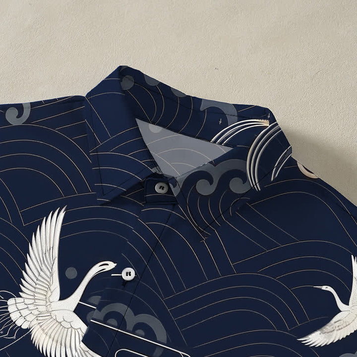 Buddha Stones Chemise à manches courtes respirante pour homme avec boutons et motif vagues et grues - image 12