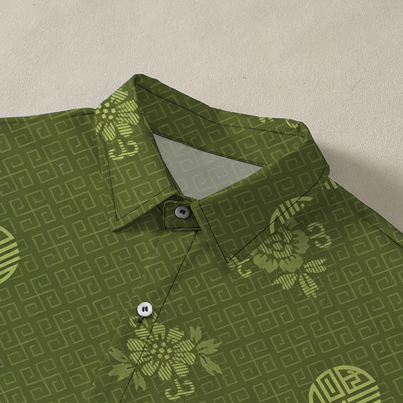 Buddha Stones Chemise à manches courtes respirante pour homme avec boutons à motif médaillon floral géométrique - image 7
