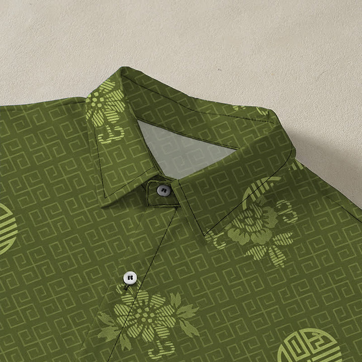 Buddha Stones Chemise à manches courtes respirante pour homme avec boutons à motif médaillon floral géométrique - image 7